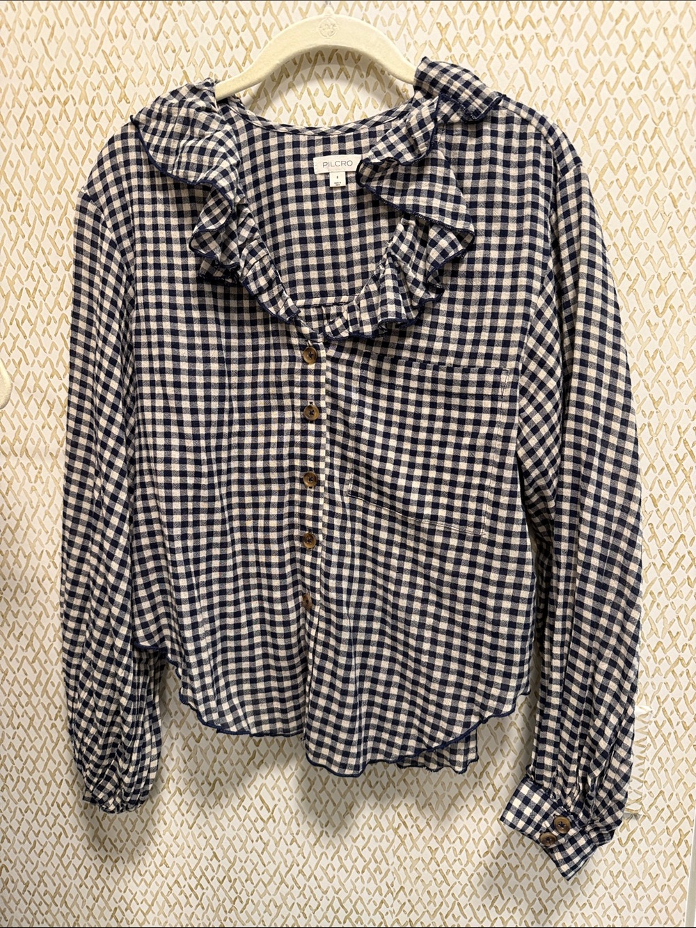 Anthropologie Navy and White Gingham Ruffle-Collar Button-Down